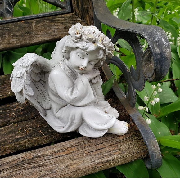 NEW Happy Compost Garden Angel Cherub Figurine Statue with Solar LED Light Halo - Picture 6 of 7